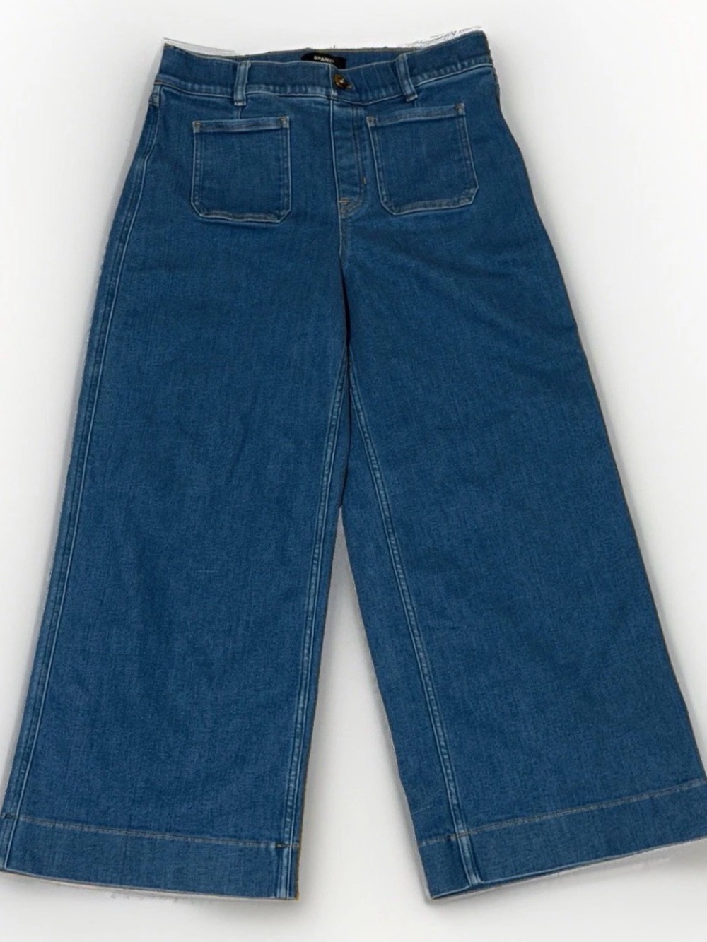 Spanx Shaping Cropped Wide Leg Jeans Patch Pockets Sz L Light Blue Wash